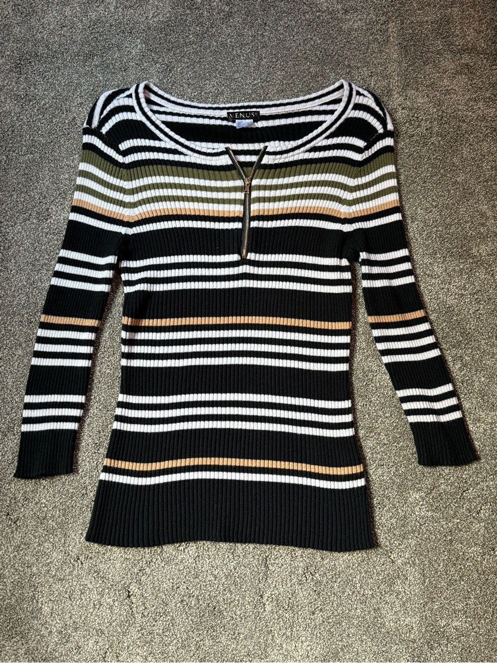 VENUS Earthy Striped Ribbed Knit Half-Zip Long Sleeve Top Sweater - Size Large